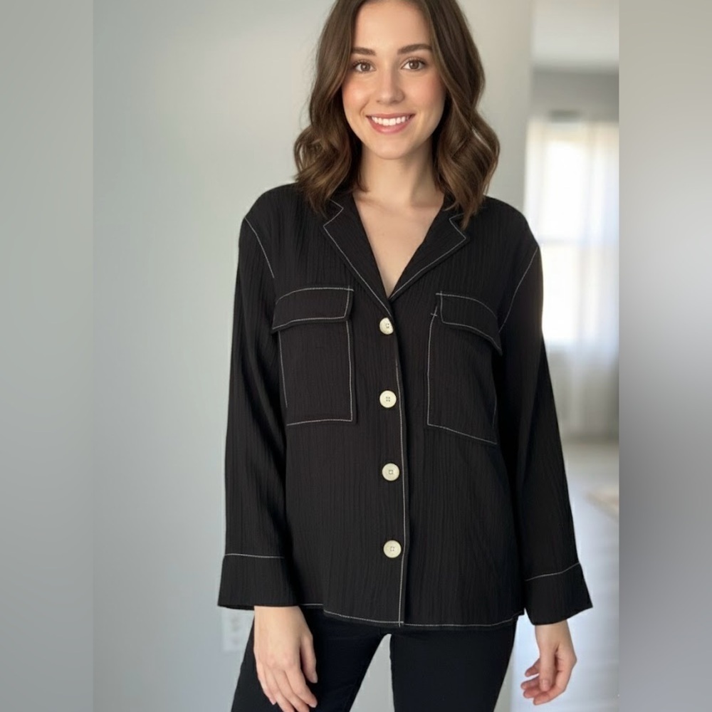 Zara TOPSTITCHED BLOUSE BLACK Sz S